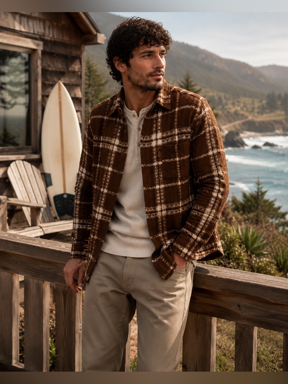 Fried Waters Plaid Button Up Shirt L Brown Cream Textured Waffle Flannel